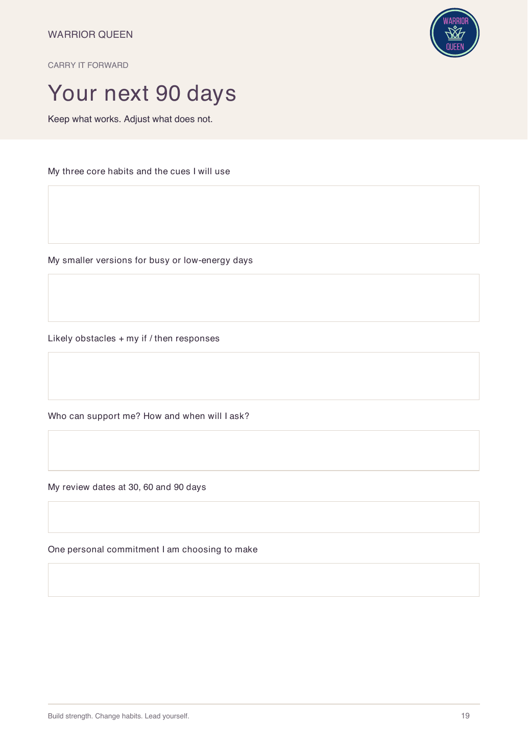 The next 90 days planning page from the workbook