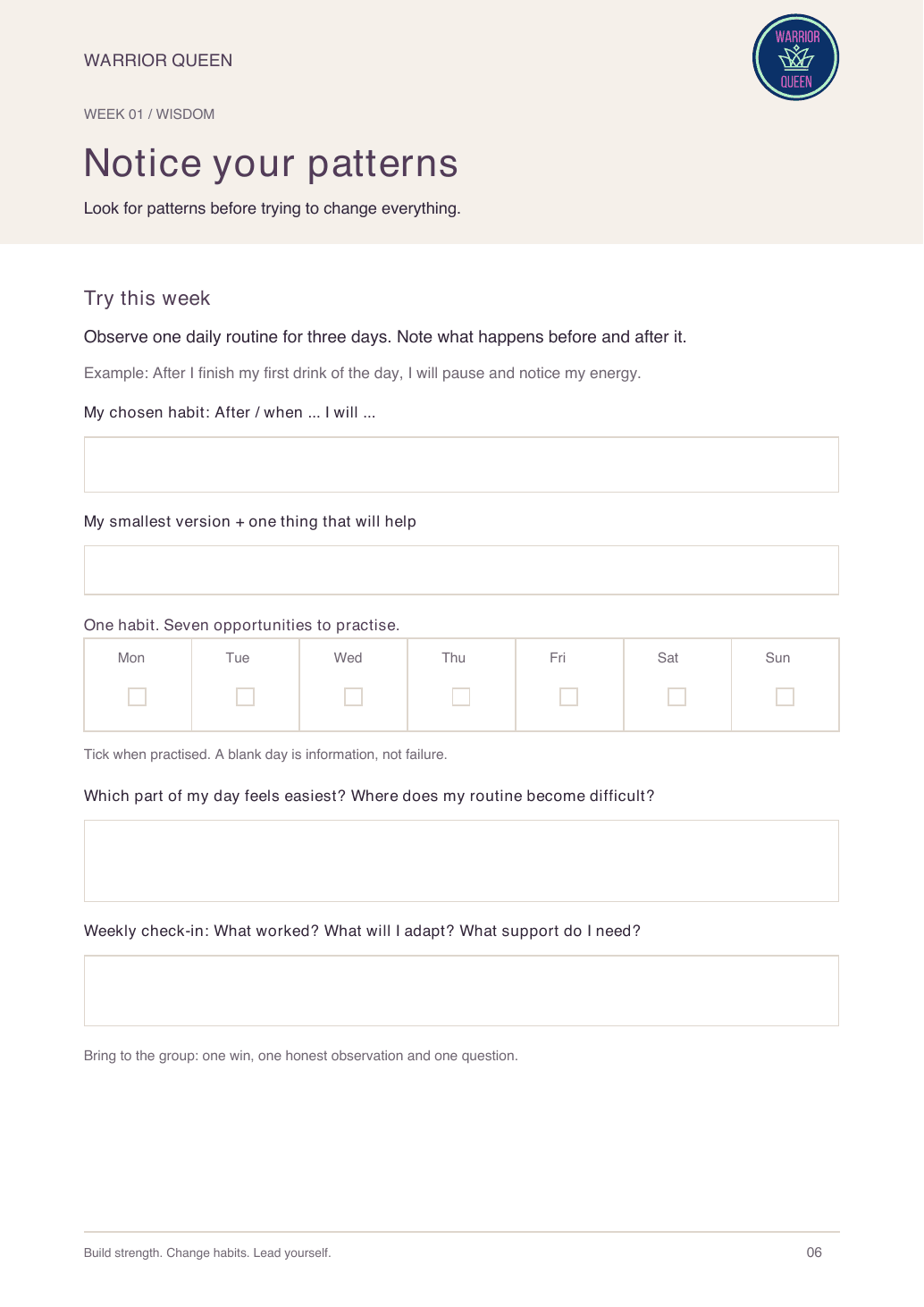 Example weekly habit page from the workbook